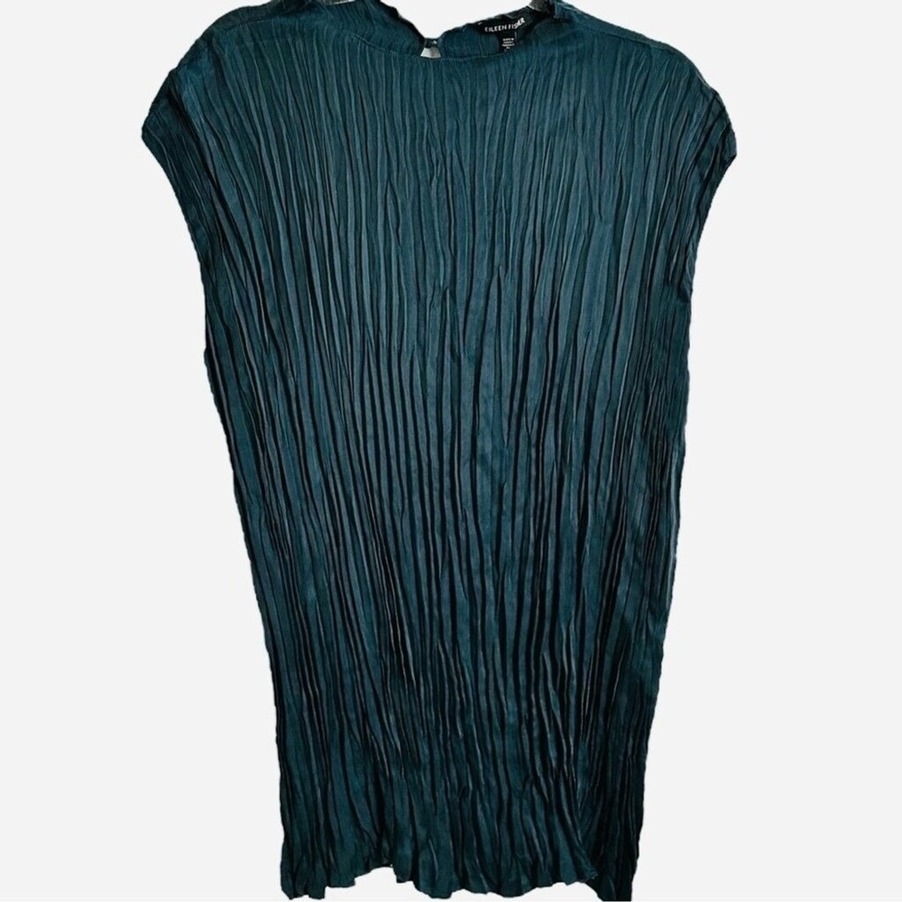 Eileen Fisher Large Alpine Green Crushed Cupro Funnel Neck Tunic Sleeveless Top